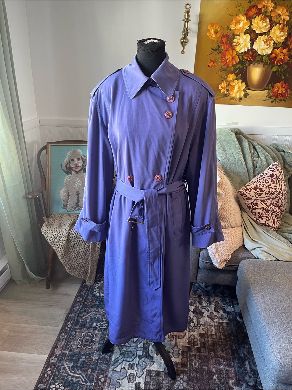 Vintage Pizazz Vibrant Lavender Belted Button Up Trench Coat - Size 2-3X